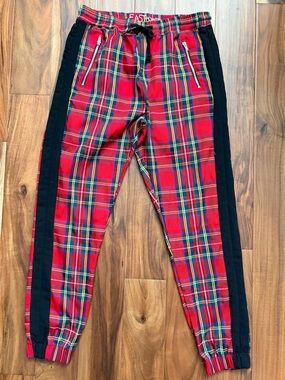 Red Plaid Jogger Pants with Black Side Stripes